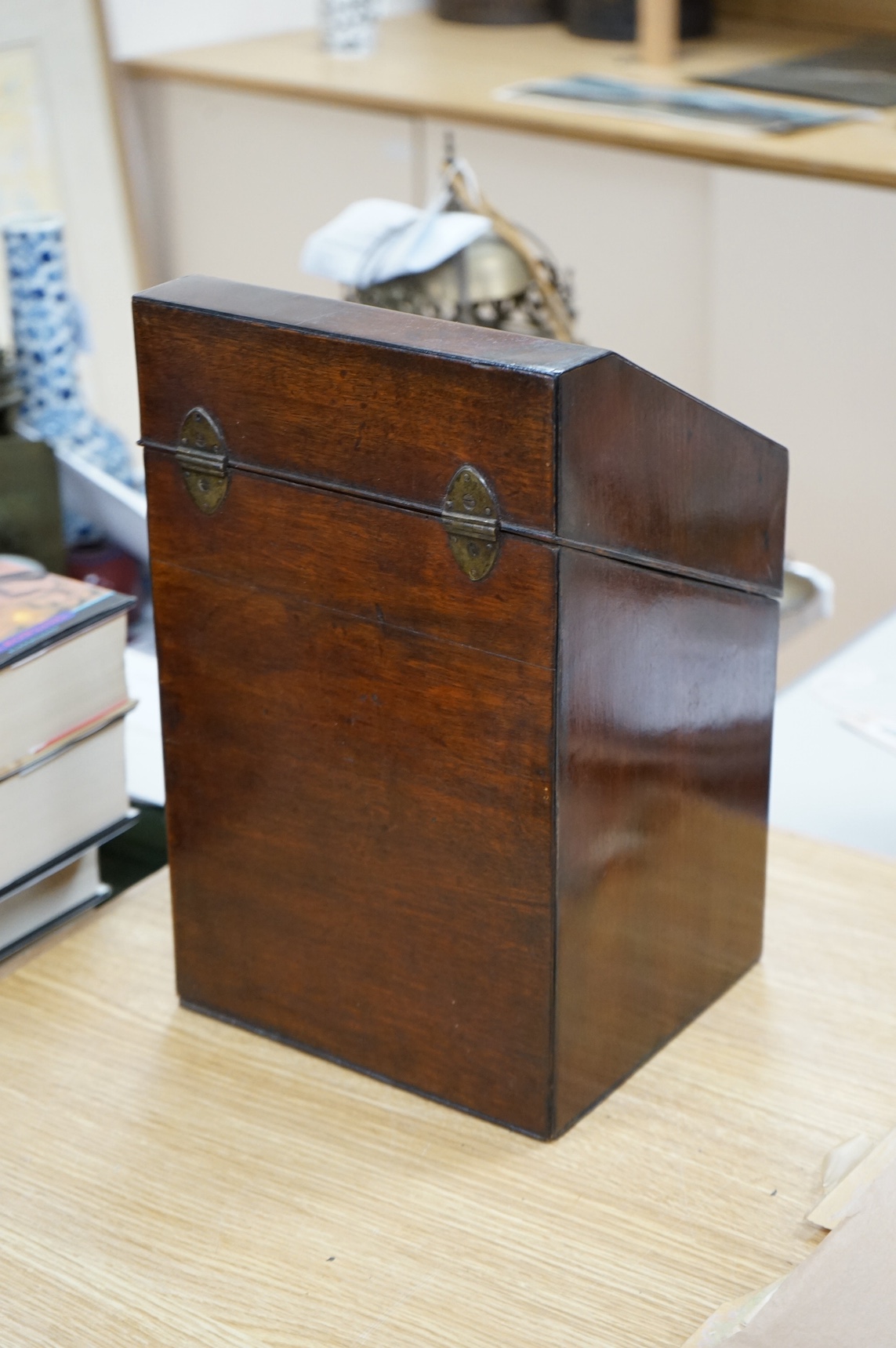 A George III mahogany knife box, original interior, 36.5cm. Condition - fair to good